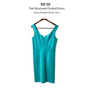 Muse Teal Structured Cocktail Dress | Luxury Designer Sheath | Size L